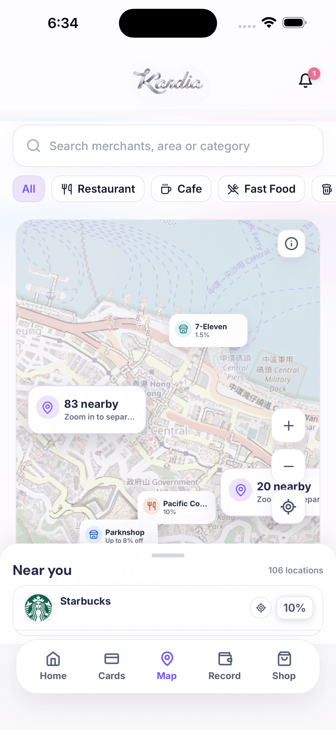Kardia 地圖顯示附近商戶優惠